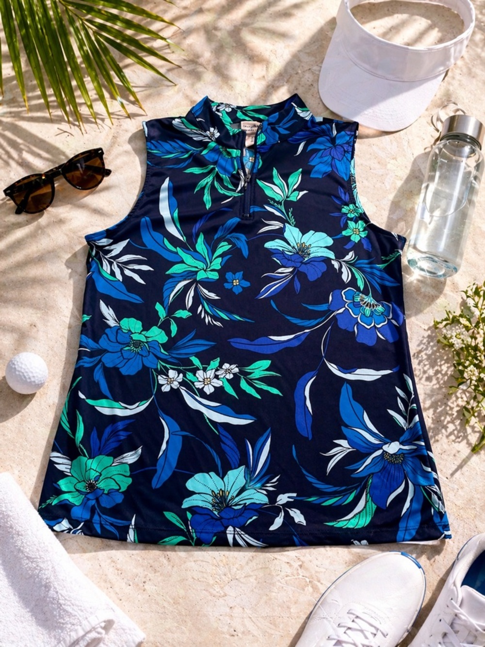 Tommy Bahama Everyday Active Sleeveless Blue Green Floral Top L Golf Resortwear
